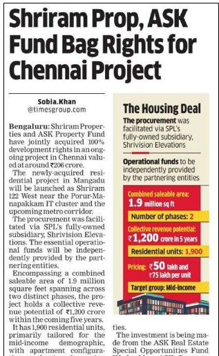 Shriram Prop,ASK Fund Bag Rights for Chennai Project.
