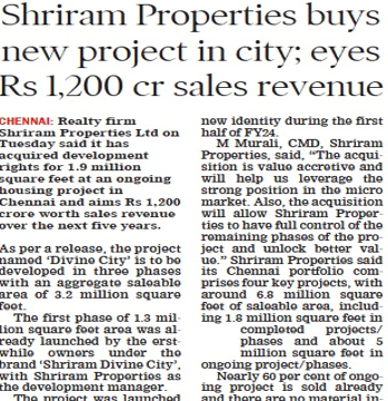 Shriram Properties Acquires a New Project in Chennai Rs1,200 Crore.