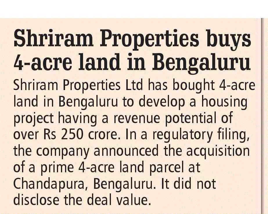 Shriram Properties Buys 4-Acres Land In Bengaluru