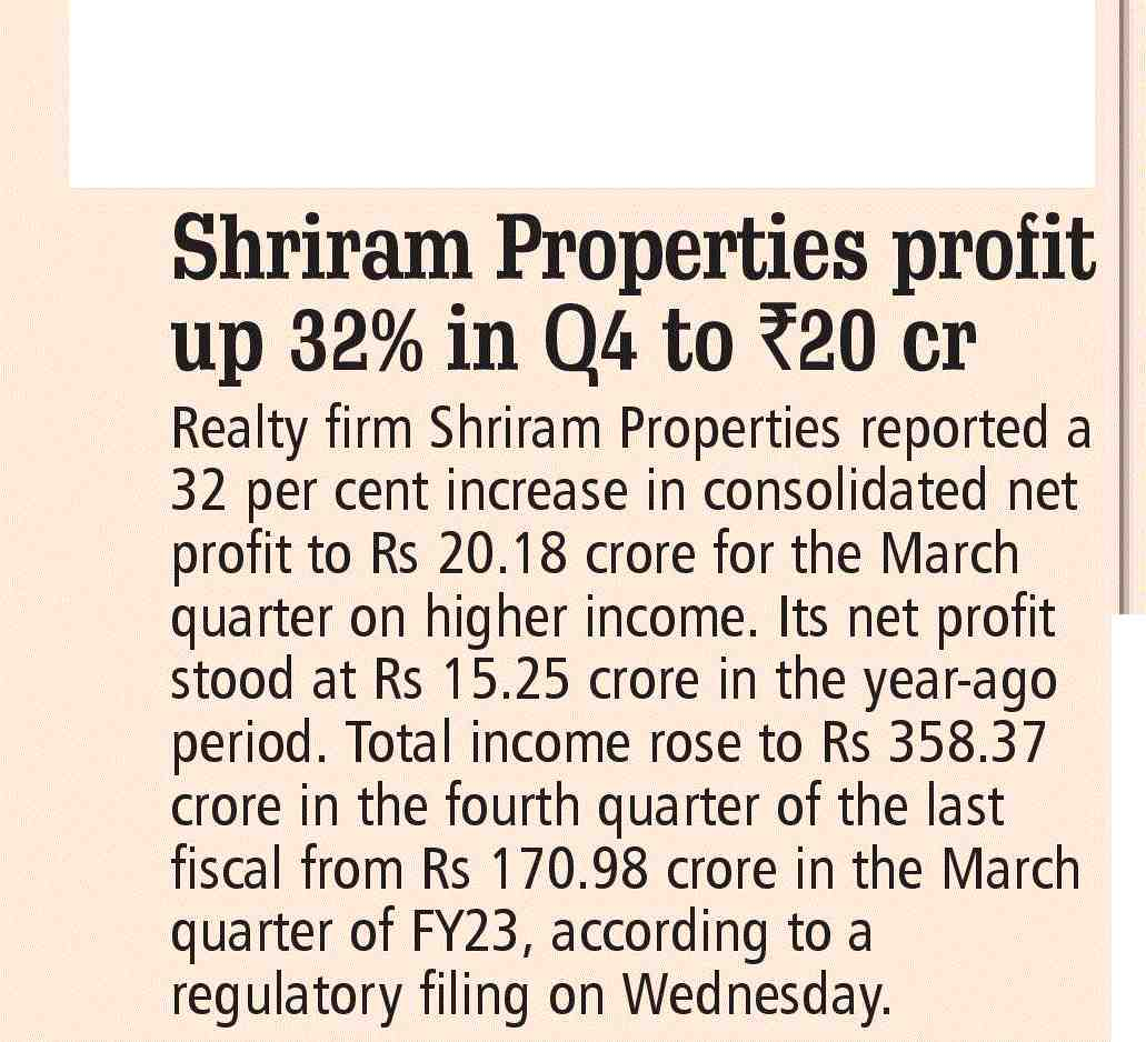 Shriram Properties Profit Up 32% In Q4 To Rs.20Cr