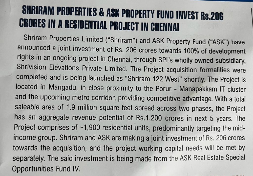 Shriram Properties And ASK Properties Invest 206 Crores In Chennai Residential Property.