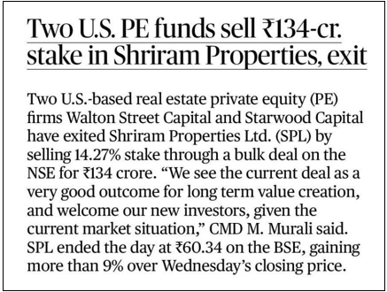 Two U.S. P.E Funds sell 134cr, stake in Shriram Properties, Exit 