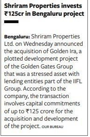 Shriram Properties Invests 125CR In Bengaluru's Project 