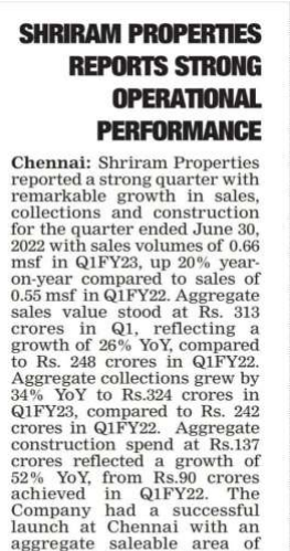 Shriram Properties Reports Strong Operational Performance 