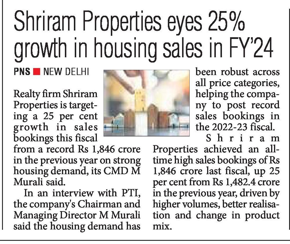 Shriram Properties Targets 25% Sales Growth In FY'24 