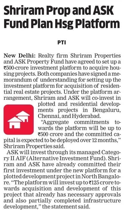 Shriram Properties, ASK Fund to set up Rs 500 cr housing platform