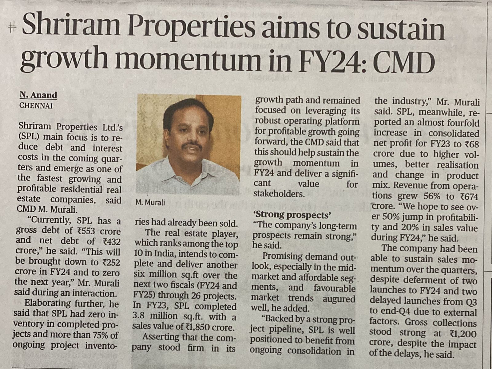 Shriram Properties Aims To Sustain Growth Momentum In FY24: CMD