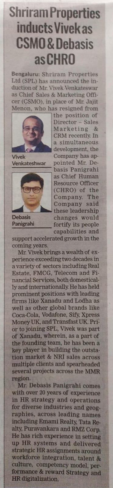 Shriram Properties Inducts Vivek as CSMO And Debasis as CHRO.