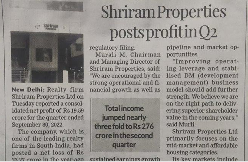 Shriram Properties Posts Profits In Q2 